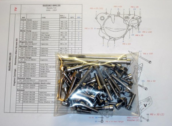 Suzuki RM125 T/V/W/X/Y 1996-2000 Engine Covers &amp; Cylinder Stainless Allen Screw / Nut Kit