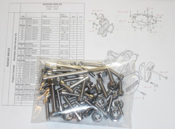 Suzuki RM125 K/L/M 1989-91 Engine Covers &amp; Cylinder Stainless Allen Screw / Nut Kit